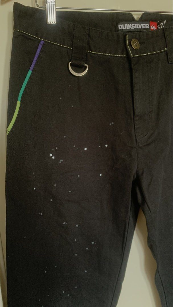 Rare Gorpcore Quiksilver “Colorful Trims” pants (Category: Trousers) located in Quezon City. Submitted by curatedtaste (Listing ID 1466163046, Image 2). Description: Rare Gorpcore Quiksilver “Colorful Trims” pants Deadstock condition; with hangtag Size 32 on tag Heavyweight cotton canvas skate/streetwear pants. Also good for your gorpcore attire Cinch back Tapered relax fit Semi-stretch Black canvass/ paint splatter design Dimensions: (actual on 