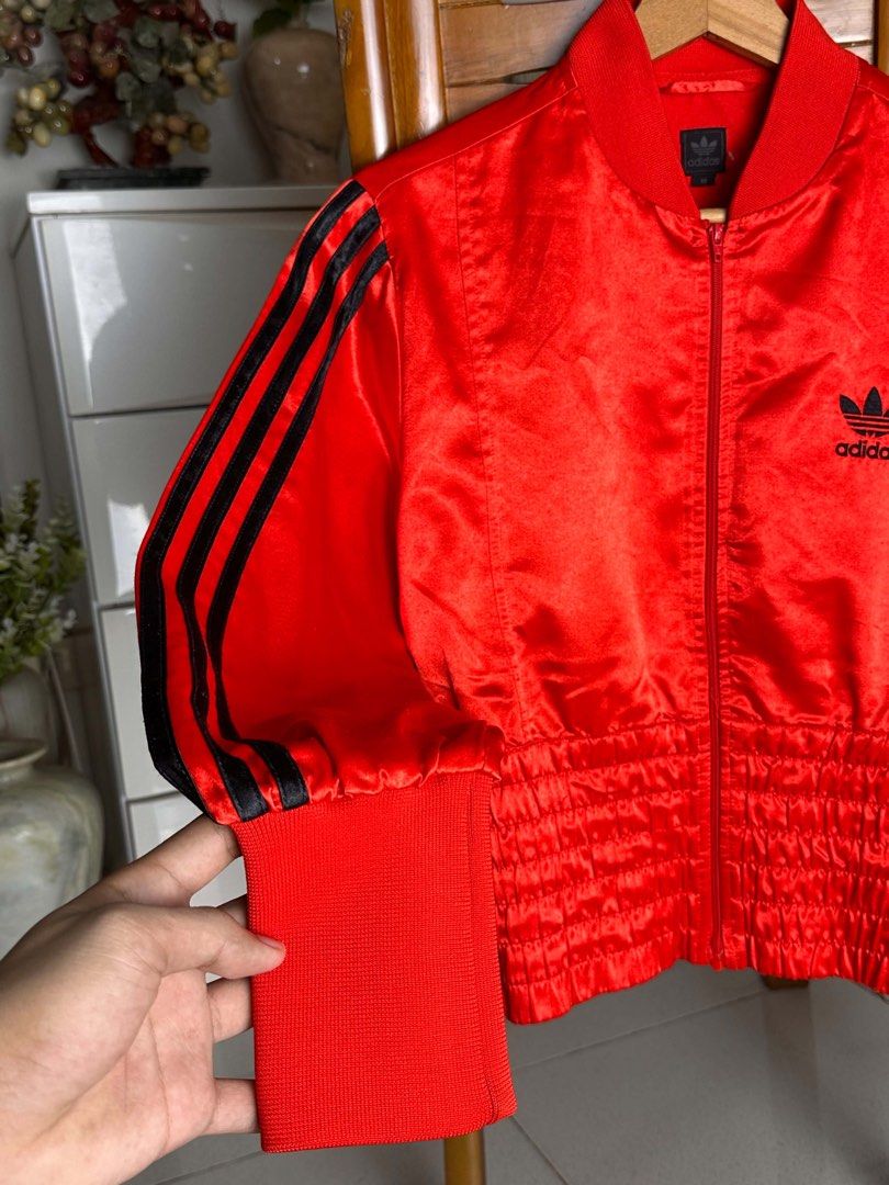 Rare Vintage Adidas Red Satin Bomber Jacket (Category: Coats, Jackets and Outerwear) located in Santa Rosa. Submitted by desireedelmonte07 (Listing ID 1466290049, Image 2). Description: 80’s Glanz D44 Women’s Retro Crop Size: 38 With tag fastener Signs of use only.