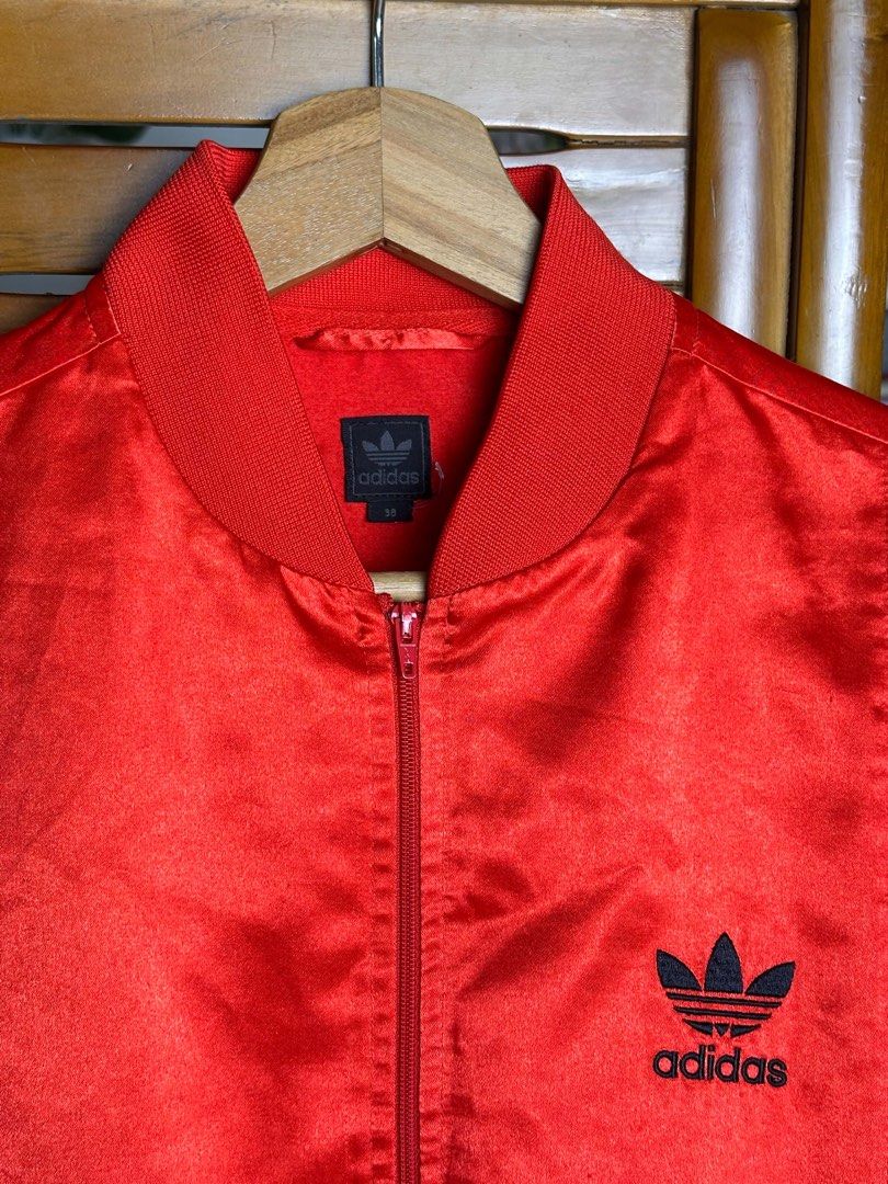 Rare Vintage Adidas Red Satin Bomber Jacket (Category: Coats, Jackets and Outerwear) located in Santa Rosa. Submitted by desireedelmonte07 (Listing ID 1466290049, Image 3). Description: 80’s Glanz D44 Women’s Retro Crop Size: 38 With tag fastener Signs of use only.
