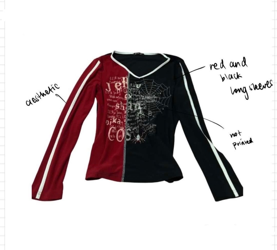 Red & Black Spiderweb Longsleeve Emo Top (Category: Longsleeves) located in Bulacan. Submitted by venchuu (Listing ID 1466224678, Image 1). Description: Vertical Split Spiderweb Long Sleeve Top 🕸️🖤❤️ Half red, half black Slim Contoured Fit: Tailored for a snug Small-to-Medium (S/M) fit that hugs your frame 🥀 Full-Length Sleeves Thread-stitched spider webs —no cheap vinyl prints that crack or fade over time 🕸️✨ High-grade cotton-spandex mix fo