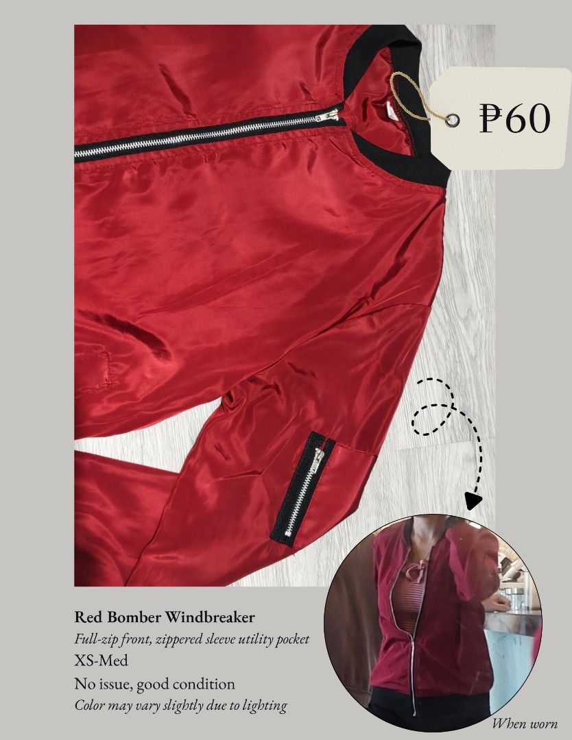 Red Bomber Windbreaker (Category: Coats, Jackets and Outerwear) located in Imus. Submitted by calmwolf_b9c1c6 (Listing ID 1466223231, Image 1). Description: Red bomber windbreaker jacket with a full-zip front. Includes a zippered utility pocket on the sleeve. Ribbed black collar and cuffs. Fits extra small to medium frames. Good overall condition with no issues found. Color may look slightly different in person depending on the lighting..