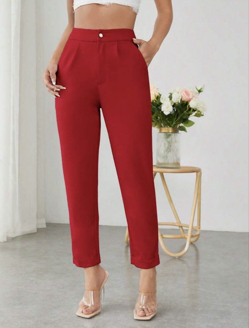 Red High-Waist Roll-Hem Pants (Category: Jeans) located in Binan City. Submitted by forgetmenot_ph (Listing ID 1466253517, Image 1). Description: - Color: Bright red - Fit: High-waist - Details: Rolled cuffs at the ankles, clean solid color - Pockets: Two functional side pockets (clean back design with no pockets) - Style: Versatile for casual days or office wear - Ww photo avail upon request.