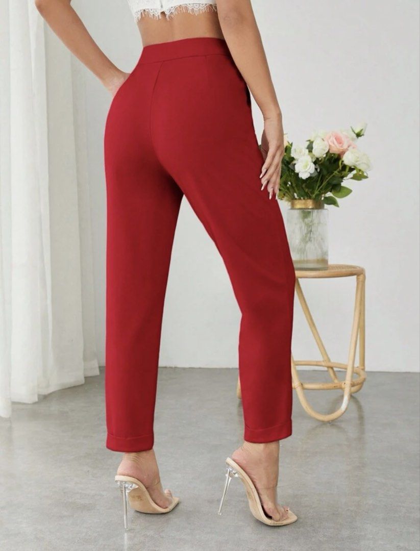 Red High-Waist Roll-Hem Pants (Category: Jeans) located in Binan City. Submitted by forgetmenot_ph (Listing ID 1466253517, Image 2). Description: - Color: Bright red - Fit: High-waist - Details: Rolled cuffs at the ankles, clean solid color - Pockets: Two functional side pockets (clean back design with no pockets) - Style: Versatile for casual days or office wear - Ww photo avail upon request.