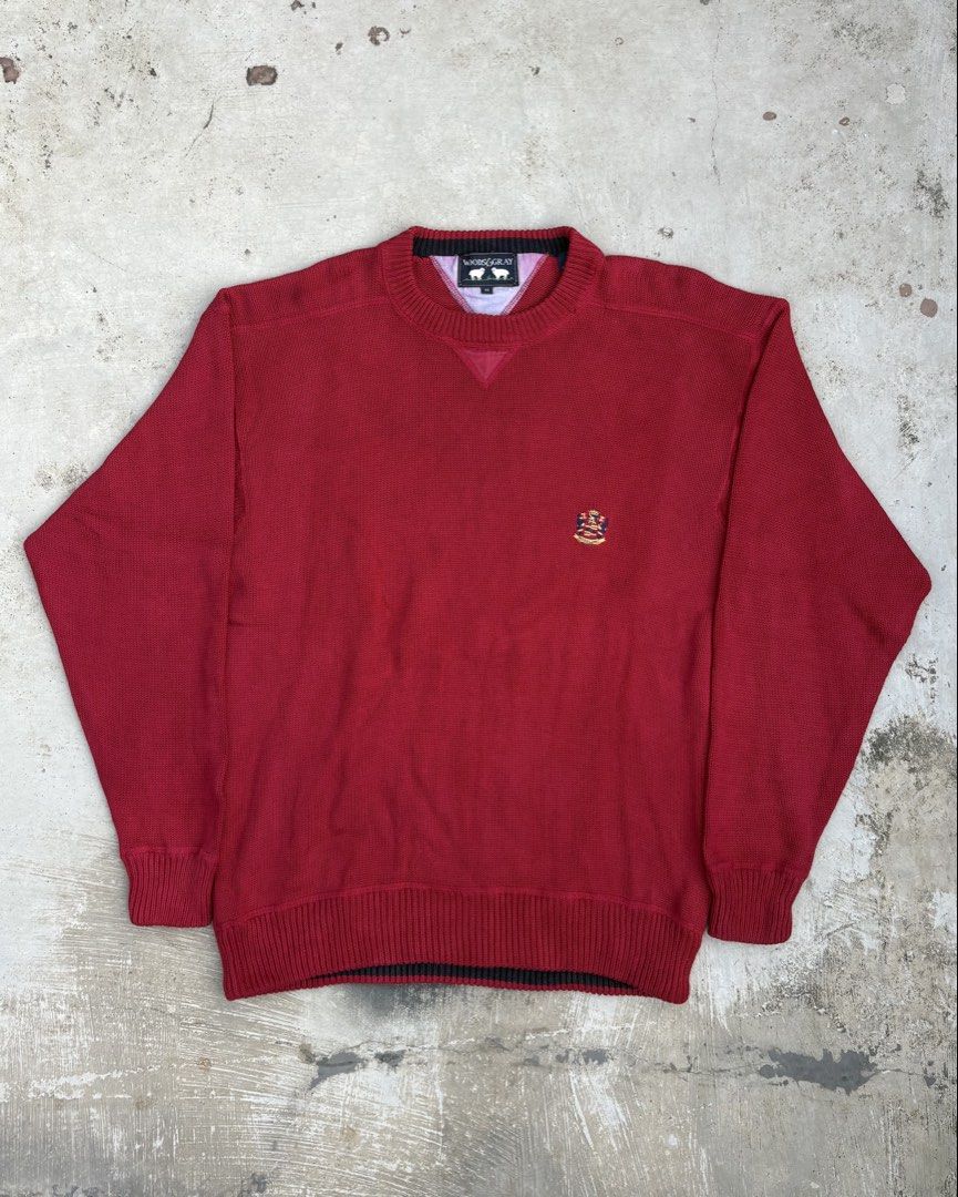 Red Knit Crewneck Sweater (Category: Coats, Jackets and Outerwear) located in Calamba. Submitted by lyrons.wardrobe (Listing ID 1463642012, Image 1). Description: Woods & Gray tag and a small crest embroidery on the chest 22x29 .