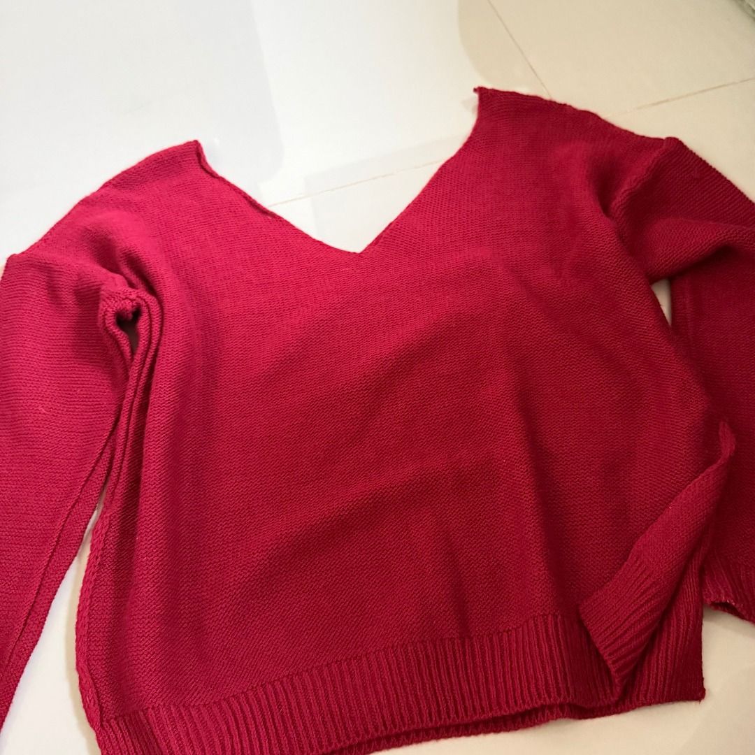 Red Knit Off Shoulder Sweater (Category: Coats, Jackets and Outerwear) located in Baliuag. Submitted by dubu.preloved (Listing ID 1466291574, Image 1). Description: Red Knit Sweater V-Neck - Very Off Shoulder ✨ Condition: 8/10 📏 Size: M-L 🚚 Shipping available via JNT/Flash 📍 Meet-up: Baliuag, Bulacan.