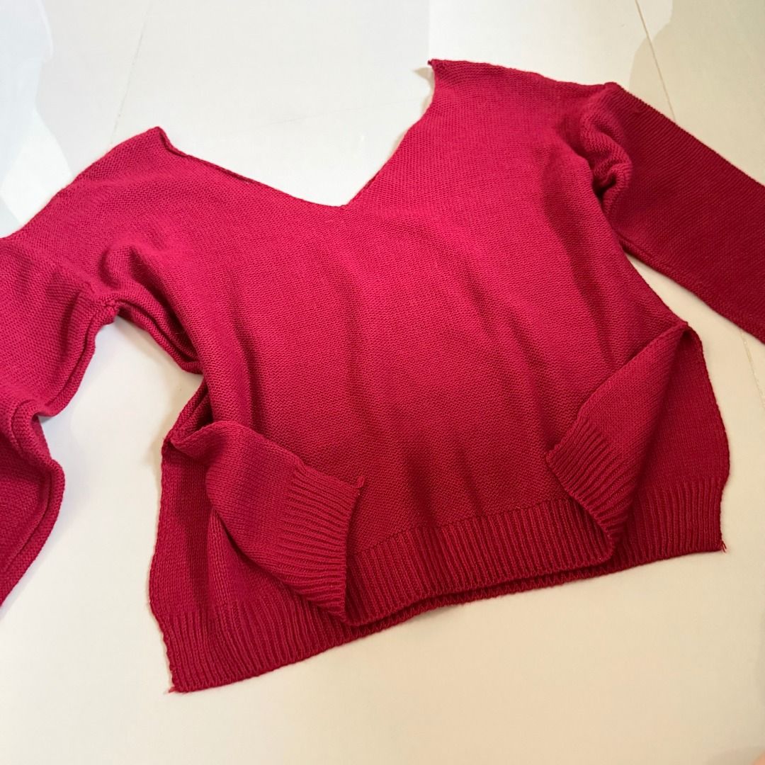 Red Knit Off Shoulder Sweater (Category: Coats, Jackets and Outerwear) located in Baliuag. Submitted by dubu.preloved (Listing ID 1466291574, Image 3). Description: Red Knit Sweater V-Neck - Very Off Shoulder ✨ Condition: 8/10 📏 Size: M-L 🚚 Shipping available via JNT/Flash 📍 Meet-up: Baliuag, Bulacan.
