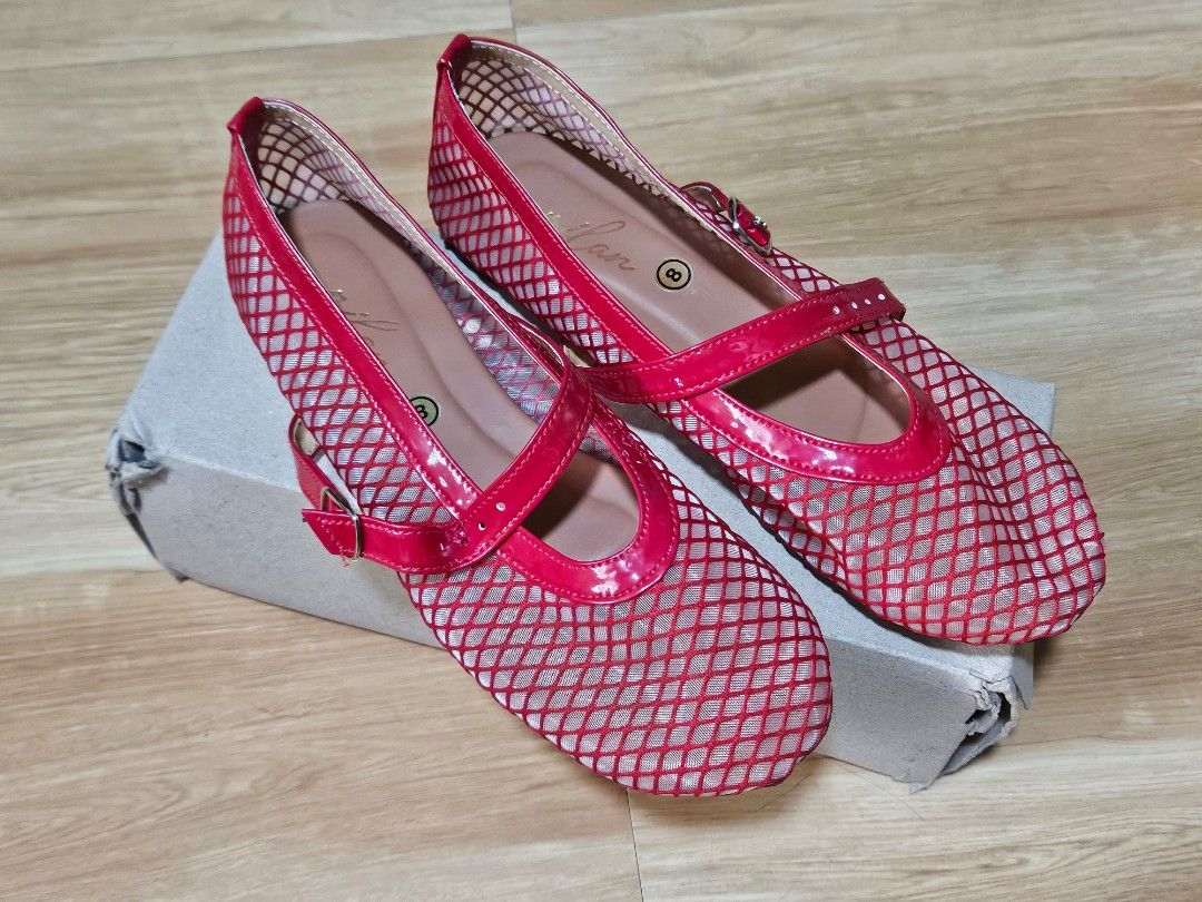 Red Mesh Mary Jane Flats Size 8 (Category: Flats & Sandals) located in Quezon City. Submitted by slipcattt (Listing ID 1466228979, Image 1). Description: - Style: Red mesh Mary Jane flats with shiny straps and adjustable buckles - Size: 8 (printed on inner sole) - Sole: Textured black rubber with minor dirt from previous wear - Inclusion: Comes with the original grey shoebox.