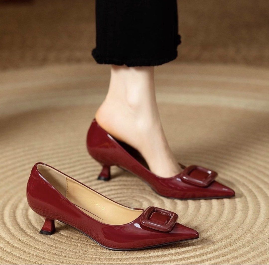 red pointed toe kitten heels with square buckle (Category: Heels) located in Manila. Submitted by tyonqf (Listing ID 1466291674, Image 1). Description: doesn’t fit me :( got it for 499 in sh*pee!.