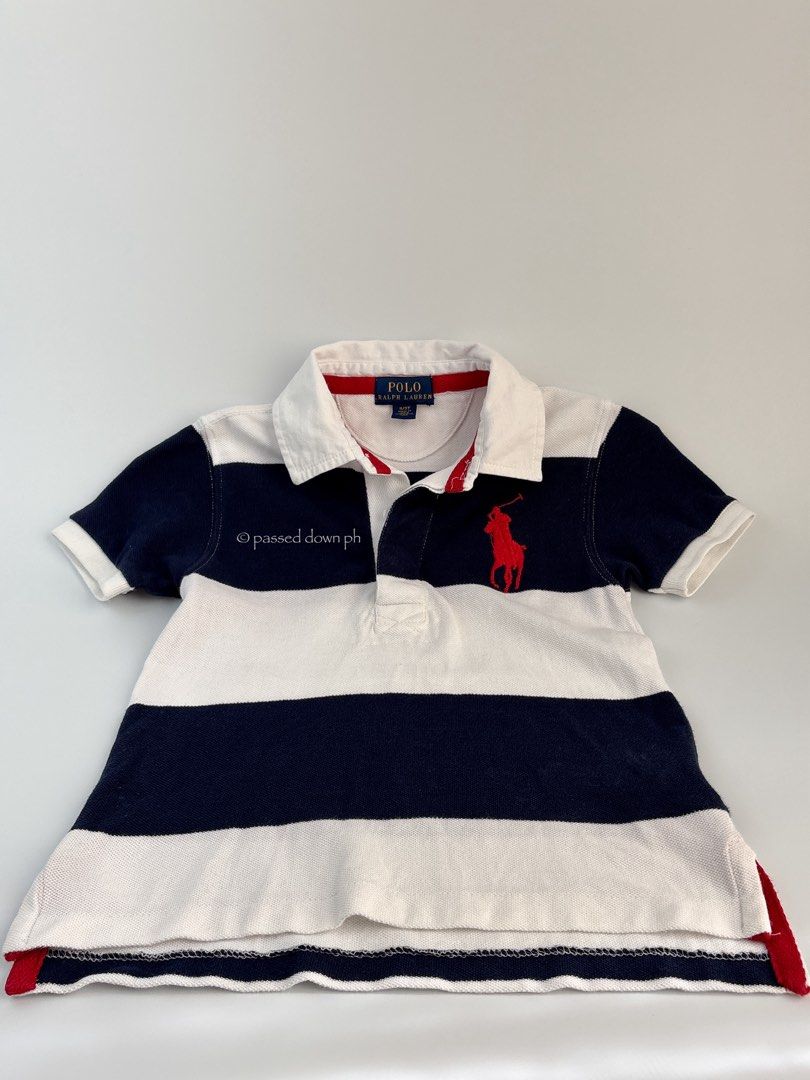 RL (ralph lauren) poloshirt (Category: Babies & Kids Fashion) located in Aloran. Submitted by passeddownph (Listing ID 1466190301, Image 2). Description: Ralph Lauren Classic Striped Polo Shirt with signature red Big Pony 🏷️ ₱ 320 Size: 3T L: 43cm | C: 31cm Condition: Excellent Grading: 10/10.
