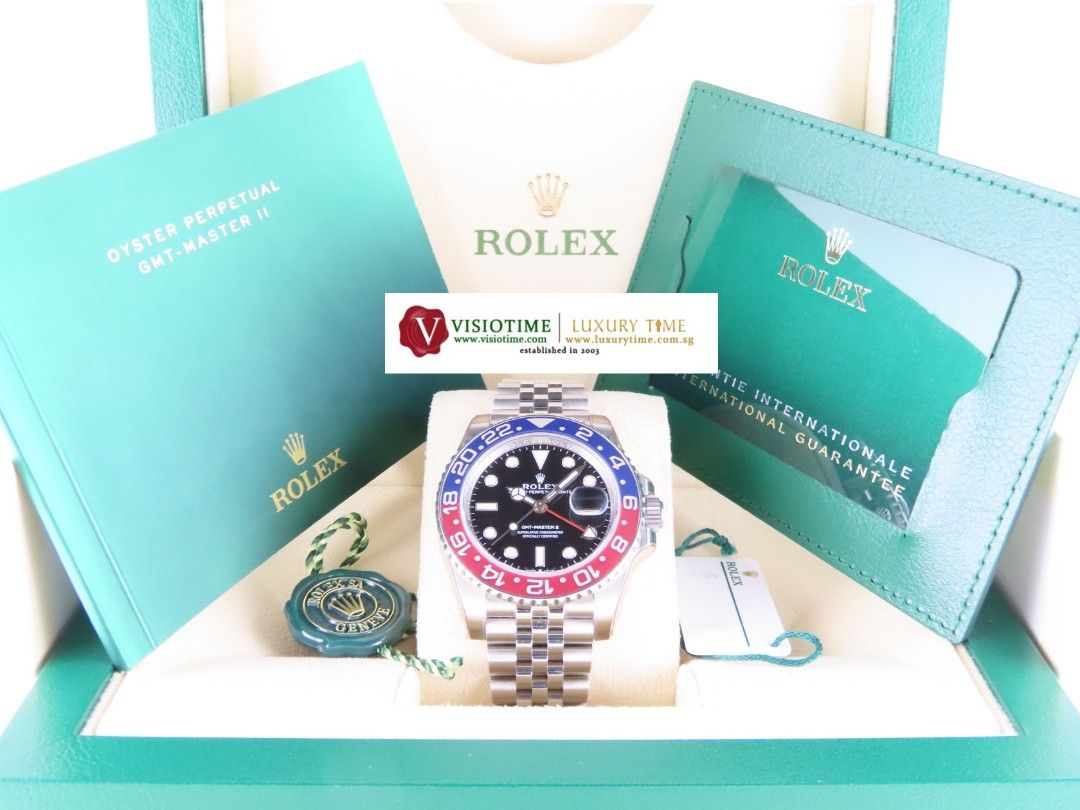Rolex GMT Master II Ceramic Bezel Pepsi Jubilee 126710BLRO 126710 September 2022 (3rd Party Protective Stickers) (Category: Watches) located in Singapore. Submitted by luxurytime (Listing ID 1466205413, Image 2). Description: Credit cards instalment scheme up to 36 months is available. Terms and conditons apply. Serving you since 2003. Visit our store at Far East Plaza #02-33 for more watches. Movement: automatic Functions: hours, minutes, sweep 