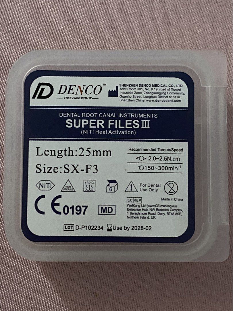 Rotary Files for Endo (25mm) (Category: Medical Supplies & Tools) located in Quezon City. Submitted by meires (Listing ID 1466233019, Image 1). Description: - Brand: Denco Super Files III - Size: SX-F3 range, 25mm length - Material: NiTi heat-activated alloy - Settings: 2.0-2.5 N.cm torque, 150-300 min-1 speed - Packaging: 6 pieces per pack (Non-sterile) - Sterilization: Autoclavable up to 132°C - Lot Number: D-P102234 - Expiry Date: February 202