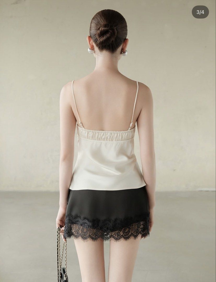Rubies Satin Lace Top (Category: Sleeveless) located in Santa Rosa. Submitted by kv_declutter (Listing ID 1466286869, Image 2). Description: - can fit 34 bust | 27-28 waist - Gathered elastic shirring on the upper back for flexible comfort - Worn only once for a photo shoot, essentially brand new.