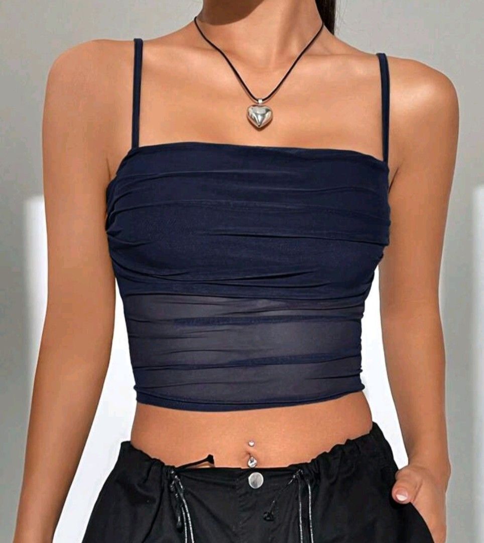Ruched Mesh Cami Top navy blue small (Category: Sleeveless) located in Manila. Submitted by nariachic (Listing ID 1466235147, Image 1). Description: Ruched Mesh Cami Top navy blue small.