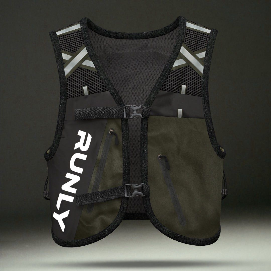 RUNLY Hybrid Pro Running Vest (Category: Vests) located in Manila. Submitted by mrbrightside06 (Listing ID 1466317318, Image 1). Description: - Brand: RUNLY - Color: Forest green with black panels and white reflectorized logo text - Material: Extreme breathability mesh across upper back and shoulders ⚡ Compact & light enough for your short runs, and durable enough for ultra trail races. 😍 12 pockets to carry everything you need ⭐ 12 points of re