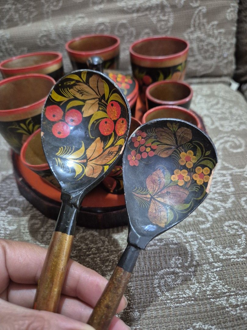 Mini Wooden Serving Tray Cups and Spoons (Category: Dinnerware & Cutlery) located in Gattaran. Submitted by uploadtounload (Listing ID 1466166422, Image 3). Description: - Traditional wooden folk art serving set - Hand-painted floral motifs in vibrant red, black, and gold - Set includes 1 round tray, 1 lidded canister, 7 small cups, and 2 long-handled spoons - Well-crafted woodwork with classic patterns - Great for home display, collection, or gi