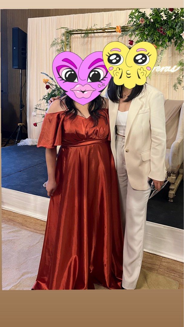 Rust Satin Maxi Gown (Category: Dresses) located in Manila. Submitted by cutefindsbyjjj (Listing ID 1466160048, Image 3). Description: : Rust orange glossy satin : Spaghetti straps with a draped off-the-shoulder ruffle overlay : Worn once, : Plus size can be altered .