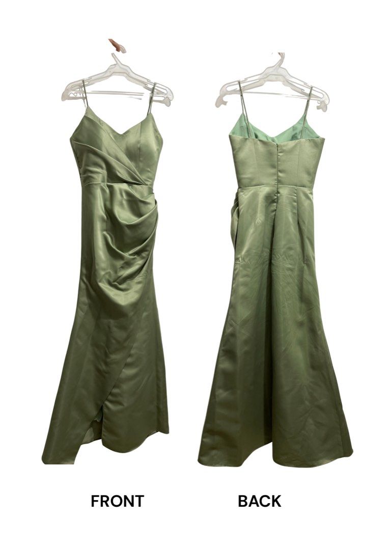 Sage Green Satin Gown (Category: Evening dresses & gowns) located in Manila. Submitted by cutefindsbyjjj (Listing ID 1466159513, Image 1). Description: Made to order from a designer/couture Sage green Lightweight V-neckline, thin spaghetti straps, draped wrap front bodice and skirt, side slit, fitted waist Back zipper Small size (message for exact sizing) Worn once for a few hours 1,700 negotiable.