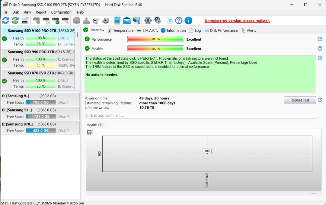 Samsung 9100 Pro 2TB M.2 NVMe SSD (Category: Hard Disks & Thumbdrives) located in Manila. Submitted by paupaupau07 (Listing ID 1466189034, Image 3). Description: - Model: Samsung 9100 Pro 2TB NVMe M.2 SSD - Speed: PCIe 5.0 with read speeds up to 14,700 MB/s - Health Status: 100% (verified via Hard Disk Sentinel) - Usage: Power-on time around 49 days with 10.76 TB lifetime writes - Inclusions: Original box included.