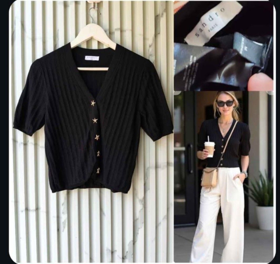 Sandro Paris Black Ribbed Knit Cardigan Size M (Category: Longsleeves) located in Urdaneta. Submitted by ely_deguzman (Listing ID 1466200041, Image 1). Description: - Brand/Model: Sandro Paris ribbed knit cardigan - Color: Black - Size: M - Details: Short sleeves, V-neckline, gold star-shaped front buttons, cropped fit - Condition: Excellent, clean fabric with no pulls or loose threads - Styling: Pairs easily with high-waisted trousers or skirts.