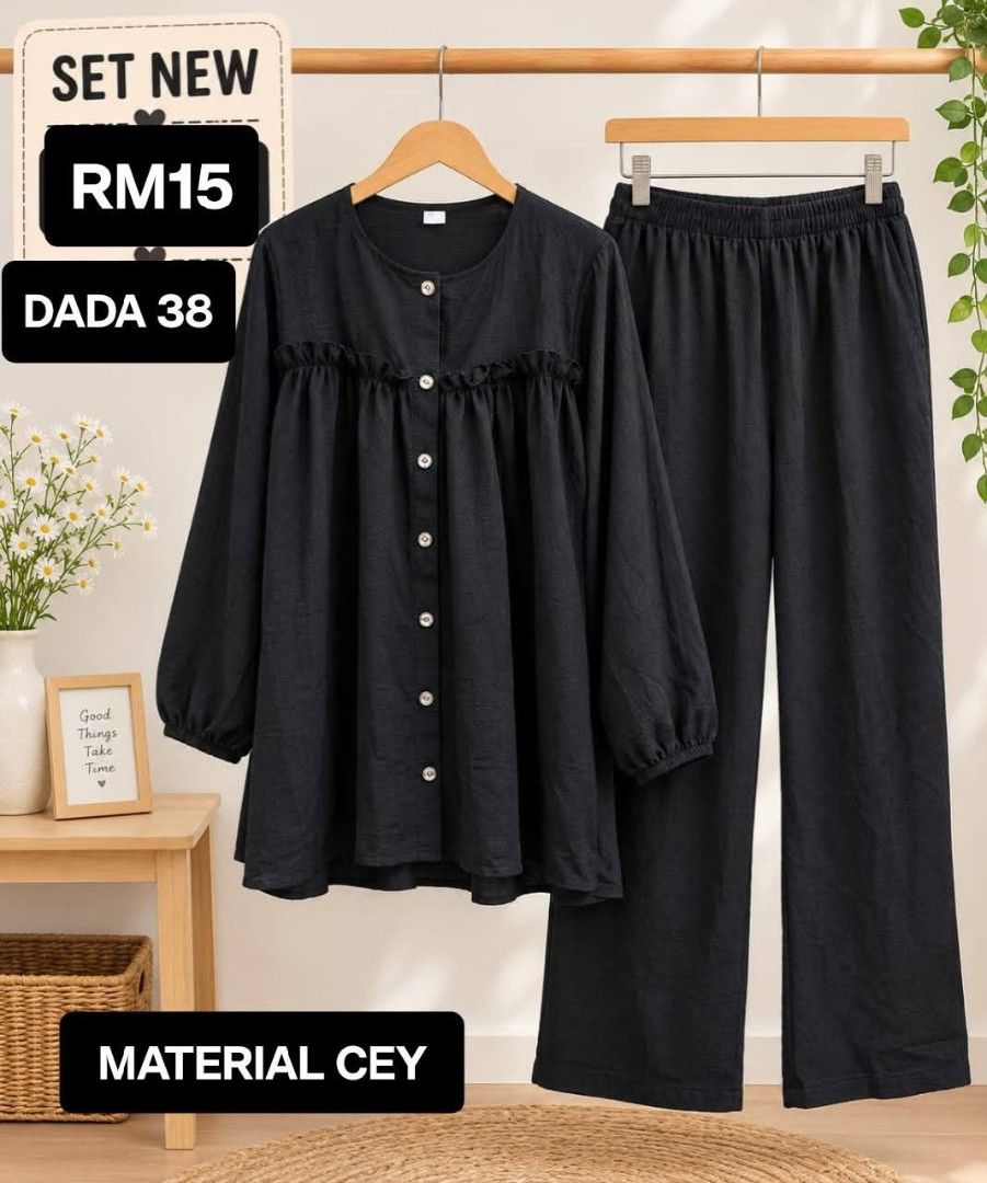 set (Category: Sets or Coordinates) located in Kuala Lumpur. Submitted by tyra_rara (Listing ID 1466309511, Image 3). Description: - Matching ribbed long-sleeve top and wide-leg trousers set - Functional pockets included on the top - Comfortable elastic waistband on the pants - Versatile plain design with a relaxed fit - Ideal for daily casual wear or cozy lounging at home.