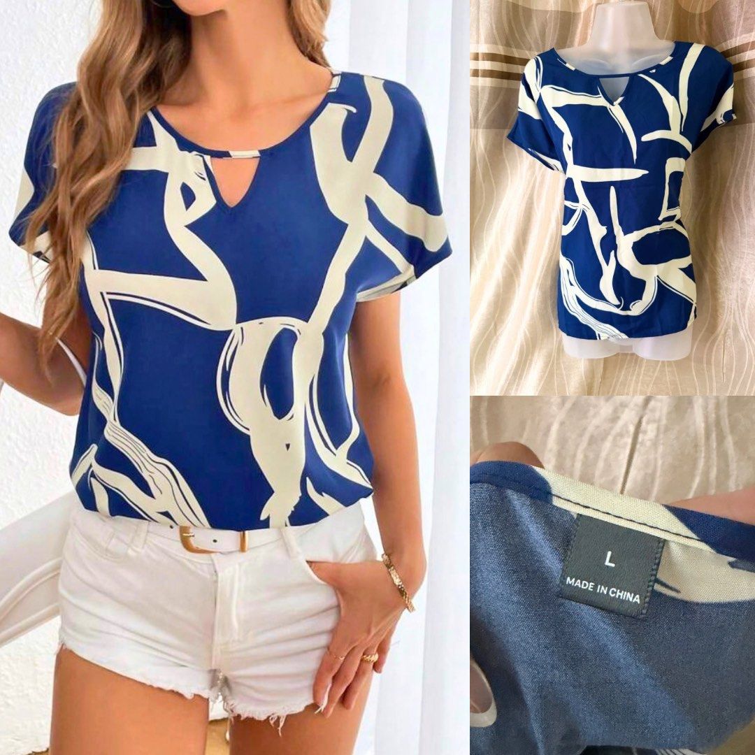 Shein Abstract Blue & Cream Blouse Top (Category: Blouses) located in Caloocan City. Submitted by lovedbyzee (Listing ID 1466277701, Image 1). Description: ₊˚⊹♡ ➔ Brand: Shein ₊˚⊹♡ ➔ Size: Large ₊˚⊹♡ ➔ Chic top featuring a bold abstract brushstroke pattern in blue and cream, a flattering round neckline with a subtle keyhole cut-out detail, and a comfortable relaxed fit. ₊˚⊹♡ ➔ Condition: Excellent brand new condition! ୨୧ 𝑳𝒐𝒄𝒂𝒕𝒊𝒐𝒏: North C