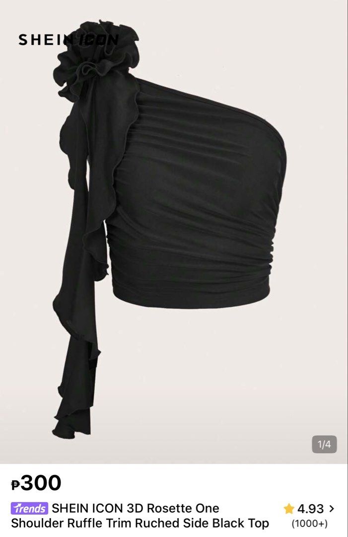 SHEIN ICON 3D Rosette One Shoulder Ruffle Trim Top (Category: Sleeveless) located in Manila. Submitted by jehielash (Listing ID 1466313042, Image 1). Description: - Brand: Shein Icon - Condition: Brand new with tags (BNWT) - Color: Black - Style: One-shoulder crop top with 3D rosette detail, long ruffled trim, and ruched sides - Fit: Slim fit with stretchy fabric - Best for: Parties, clubbing, and night outs - How to style: Looks great paired wit