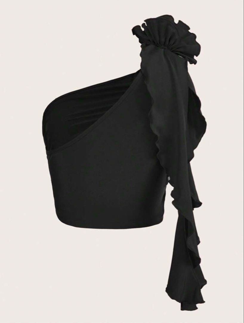SHEIN ICON 3D Rosette One Shoulder Ruffle Trim Top (Category: Sleeveless) located in Manila. Submitted by jehielash (Listing ID 1466313042, Image 2). Description: - Brand: Shein Icon - Condition: Brand new with tags (BNWT) - Color: Black - Style: One-shoulder crop top with 3D rosette detail, long ruffled trim, and ruched sides - Fit: Slim fit with stretchy fabric - Best for: Parties, clubbing, and night outs - How to style: Looks great paired wit