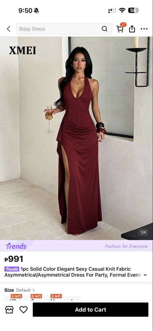 SHEIN long dress classy elegant (Category: Evening dresses & gowns) located in Makati City. Submitted by bell307 (Listing ID 1466165032, Image 1). Description: S-M - Brand: Shein - Color: Wine Red - Style: Halter neck, deep V-cut bodice with sequins, open back, and asymmetrical draped skirt with a high slit - Condition: Worn once, clean, no stains or rips - Material: Stretchy, comfortable body-hugging fabric - Ideal for: Evening parties, proms, a