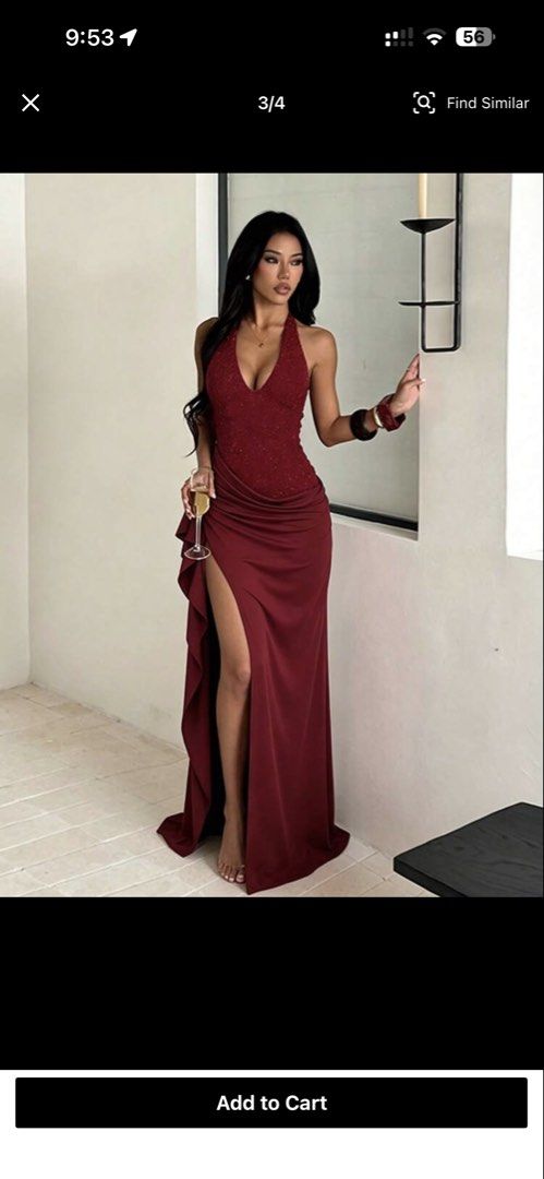SHEIN long dress classy elegant (Category: Evening dresses & gowns) located in Makati City. Submitted by bell307 (Listing ID 1466165032, Image 2). Description: S-M - Brand: Shein - Color: Wine Red - Style: Halter neck, deep V-cut bodice with sequins, open back, and asymmetrical draped skirt with a high slit - Condition: Worn once, clean, no stains or rips - Material: Stretchy, comfortable body-hugging fabric - Ideal for: Evening parties, proms, a