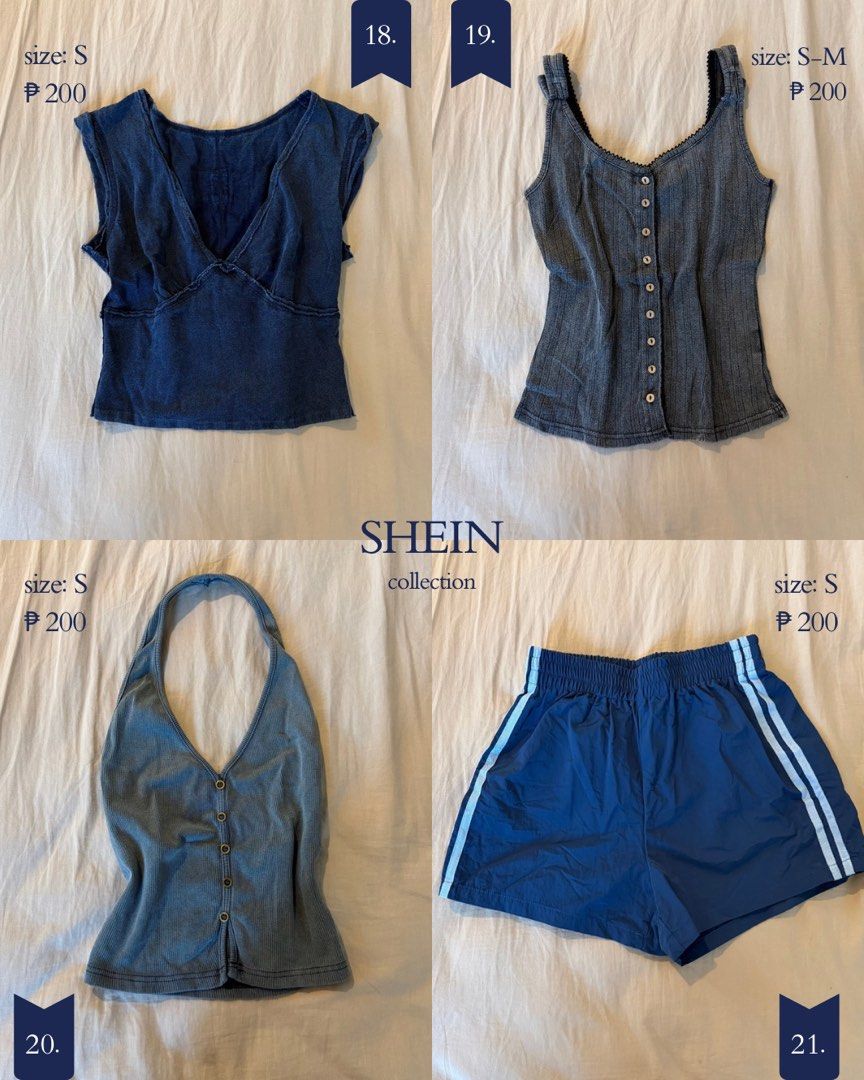 SHEIN Preloved Clothing (Category: Sets or Coordinates) located in Taguig. Submitted by gailleee (Listing ID 1466279481, Image 1). Description: - Brand: SHEIN - Items: Tops, shorts, and pants - Colors: Blue, grey, and white - Sizes: XS to M - Price: ₱200 - ₱450 per item (refer to individual images).