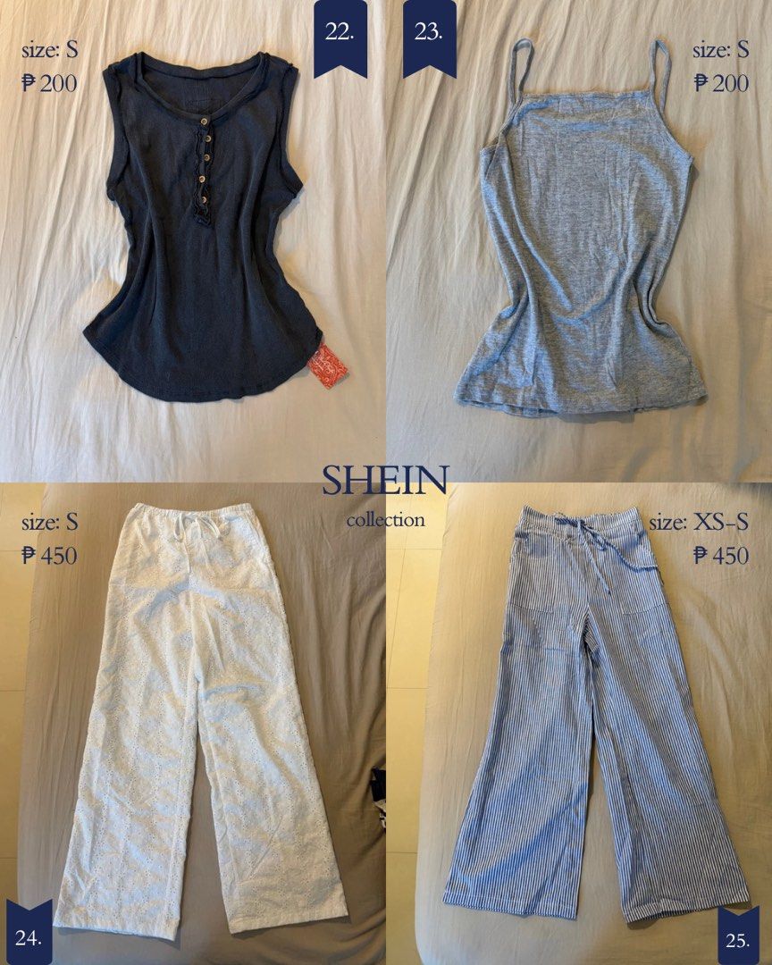 SHEIN Preloved Clothing (Category: Sets or Coordinates) located in Taguig. Submitted by gailleee (Listing ID 1466279481, Image 2). Description: - Brand: SHEIN - Items: Tops, shorts, and pants - Colors: Blue, grey, and white - Sizes: XS to M - Price: ₱200 - ₱450 per item (refer to individual images).