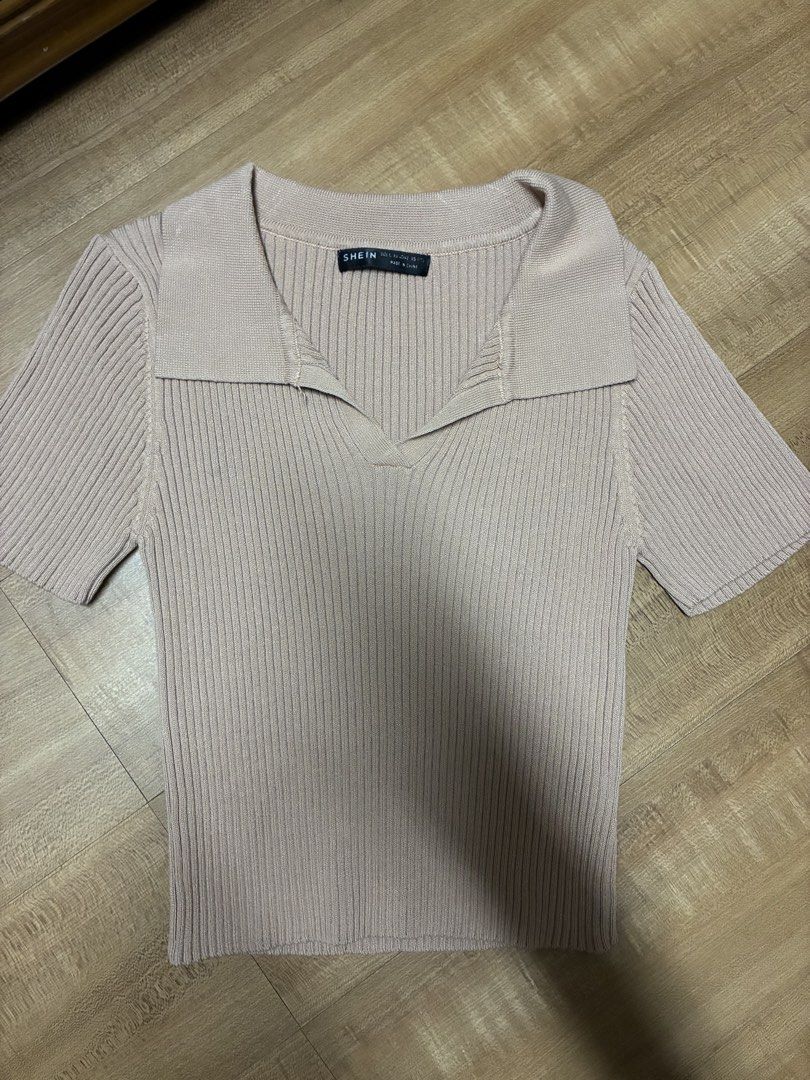 Ribbed Knit light brown Polo Collar Top (Category: Sleeveless) located in Quezon City. Submitted by habits.mnl (Listing ID 1466215612, Image 1). Description: Large on tag fits medium - Brand: SHEIN - Color: Dusty Pink - Style: V-neck with pointed collar, short sleeve, slim fit - Fabric: Soft, stretchy ribbed knit - Condition: Brand new / excellent - Perfect comfy basic for daily wear!.