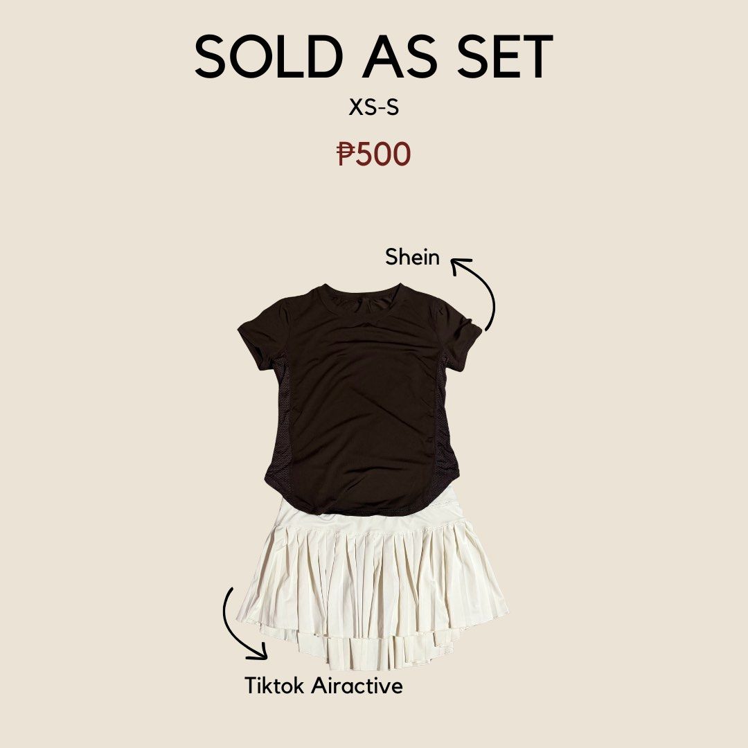 Pickleball Outfit/Clothes (Category: Sets or Coordinates) located in Cebu City. Submitted by inyughx (Listing ID 1466180457, Image 2). Description: - 2-piece activewear set (sold together) - Black active top from Shein - Pleated sports skirt from TikTok Airactive - Size: Fits Extra Small to Small (XS-S) - Ideal for workouts, running, pickleball, and tennis - Versatile pieces that are easy to mix and match - Great value for one low price.