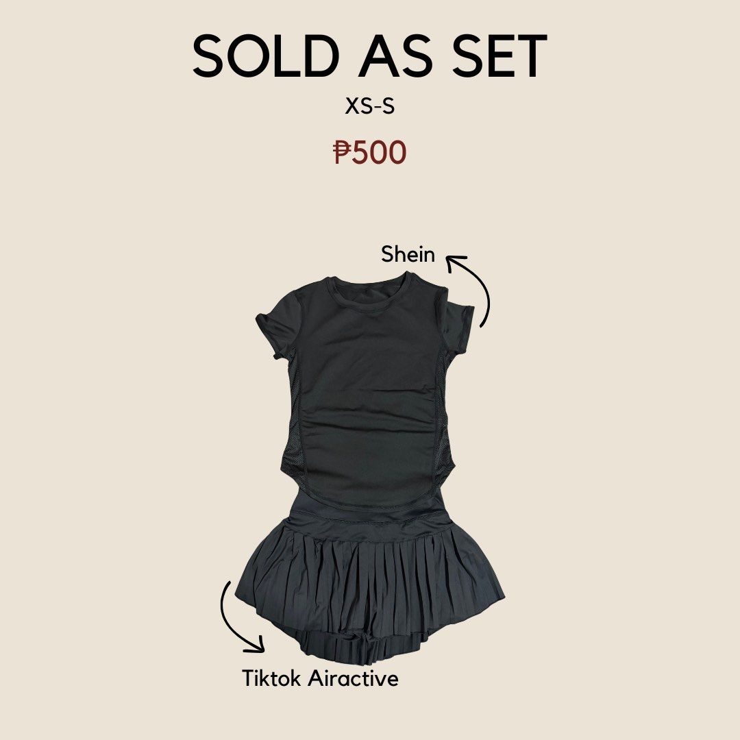 Pickleball Outfit/Clothes (Category: Sets or Coordinates) located in Cebu City. Submitted by inyughx (Listing ID 1466180457, Image 1). Description: - 2-piece activewear set (sold together) - Black active top from Shein - Pleated sports skirt from TikTok Airactive - Size: Fits Extra Small to Small (XS-S) - Ideal for workouts, running, pickleball, and tennis - Versatile pieces that are easy to mix and match - Great value for one low price.