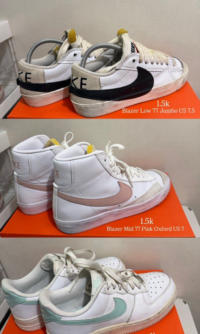 Shoe Declutter Sale! (Category: Sneakers) located in Manila. Submitted by patdyy (Listing ID 1466258291, Image 1). Description: Dunk Low Dusty Cactus US 7 - SOLD Dunk Low Rose Whisper US 7.5 Dunk Low Disrupt 2 Michigan US 7 - SOLD Dunk Low Panda 6Y - SOLD AF1 Jade Ice US7 Jordan 1 High OG Starfish US 7 Jordan 1 Mid Dusty Peach/Night Maroon US 8 - SOLD Blazer Mid 77 Pink Oxford US 7 Blazer Low 77 Jumbo US 7.5.