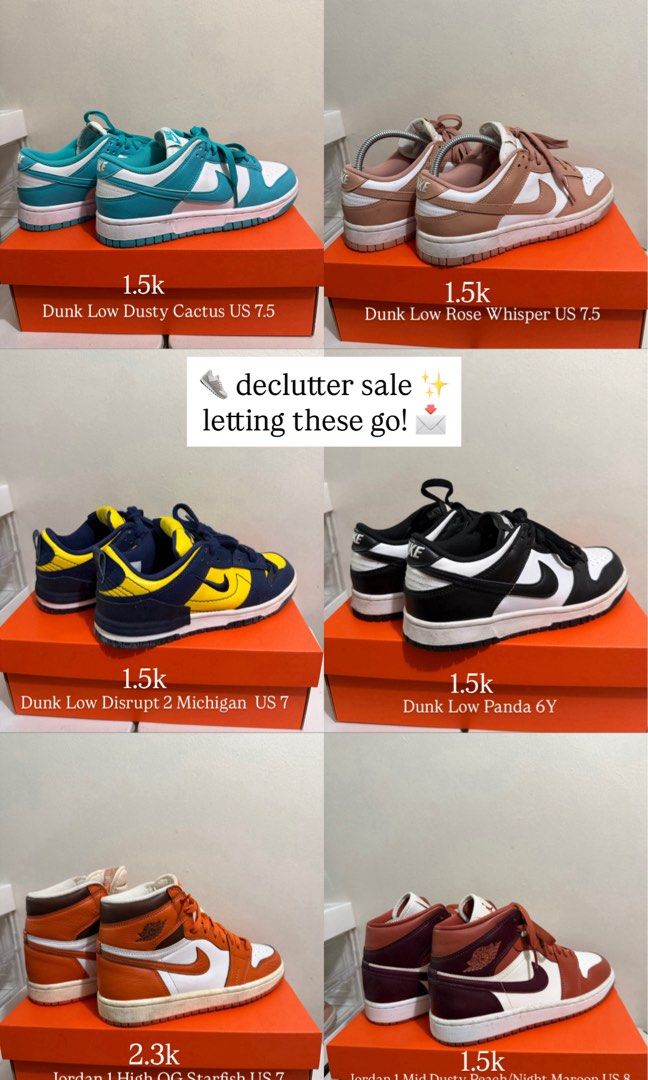 Shoe Declutter Sale! (Category: Sneakers) located in Manila. Submitted by patdyy (Listing ID 1466258291, Image 2). Description: Dunk Low Dusty Cactus US 7 - SOLD Dunk Low Rose Whisper US 7.5 Dunk Low Disrupt 2 Michigan US 7 - SOLD Dunk Low Panda 6Y - SOLD AF1 Jade Ice US7 Jordan 1 High OG Starfish US 7 Jordan 1 Mid Dusty Peach/Night Maroon US 8 - SOLD Blazer Mid 77 Pink Oxford US 7 Blazer Low 77 Jumbo US 7.5.