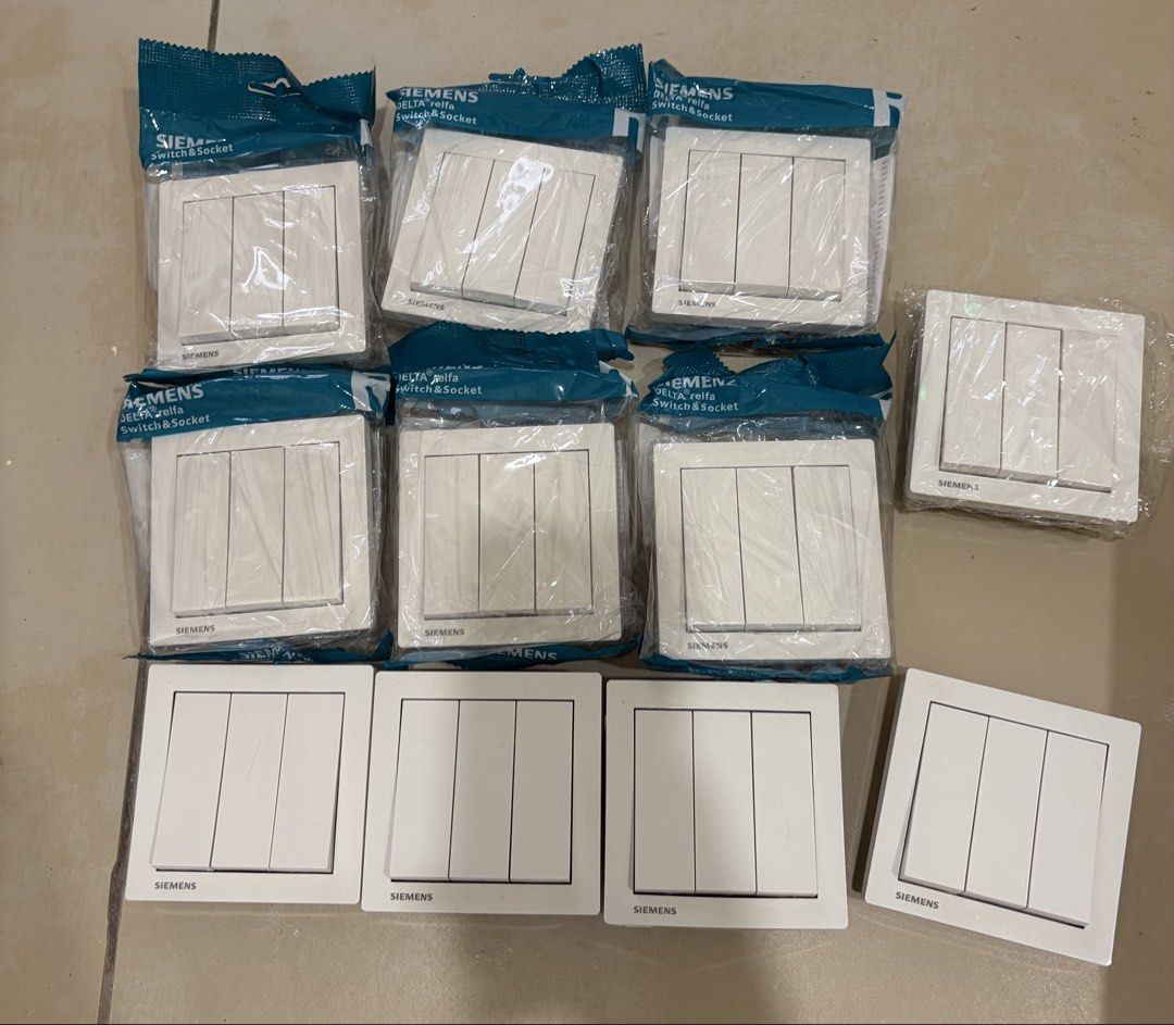 Siemens switch socket (multiple) (Category: Electrical, Adaptors & Sockets) located in Kuala Lumpur. Submitted by saydeeclose (Listing ID 1466274034, Image 2). Description: Siemens switch socket 25 pieces total, price is for all. 4 gang switch (7 pcs new) 3 gang switch (7 pcs new 4 pcs installed only then removed) 2 gang switch (5 pcs new 2 pcs installed then removed) Bought too many. Branded, good quality. Sirim and bought from electrical shop. 
