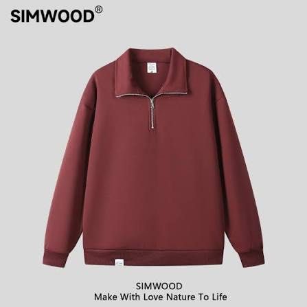 SIMWOOD Men's Quarter Zip Stand Collar Sweatshirt (Category: Coats, Jackets and Outerwear) located in Santa Rosa. Submitted by ISTINEEE (Listing ID 1466327480, Image 1). Description: - Brand: SIMWOOD - Style: Quarter zip sweatshirt with stand-up collar - Features: Long sleeves, ribbed cuffs and hem, subtle brand label near hem - Material: Heavyweight fabric for extra warmth - Colors available: Maroon and dark purple - Best for: Casual everyday we
