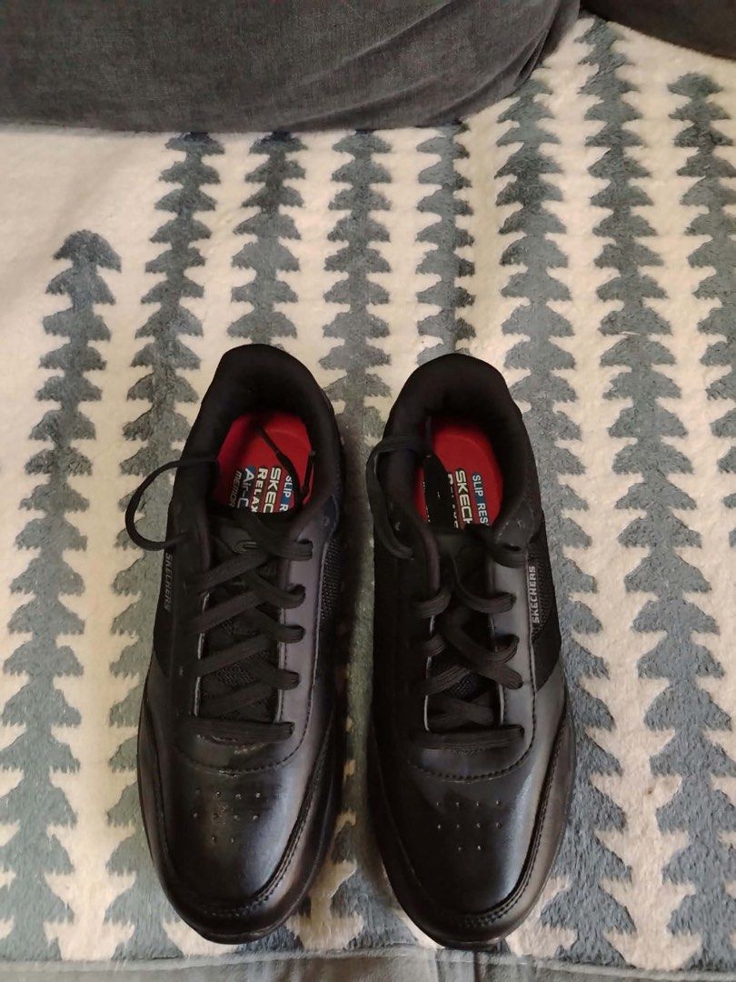 Skechers Slip Resistant Black Work Shoes (Category: Sneakers) located in Rizal. Submitted by sanjane923 (Listing ID 1466222237, Image 1). Description: - Brand: Skechers work shoes - Color: Black - Comfort: Air-Cooled Memory Foam insoles and padded collar - Safety: Slip-resistant rubber outsoles for great grip - Material: Water-resistant leather and mesh upper - Closure: Lace-up - Condition: Lightly used with very minor toe scuffing - Ideal for: H