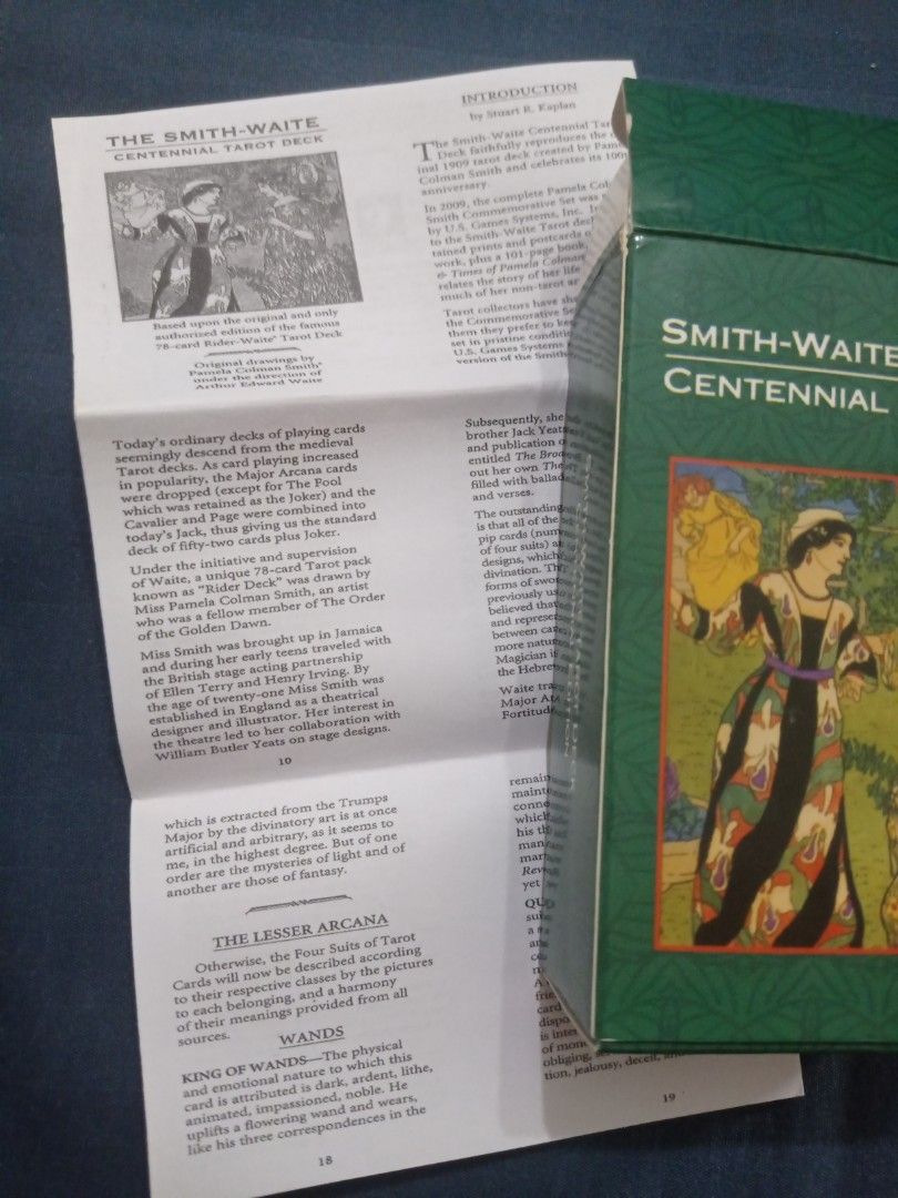 Smith-Waite Tarot Centennial Edition Deck (Category: Storybooks) located in Paranaque City. Submitted by annhua17524 (Listing ID 1465787661, Image 2). Description: - Quality copy of Smith-Waite Tarot Centennial Edition by US Games Systems - Inclusion: Complete set of 78 cards with classic Pamela Colman Smith artwork and green tuck box and paper guide book - Features: White borders and vintage coloring - Condition: Clean, neatly stacked cards - Id