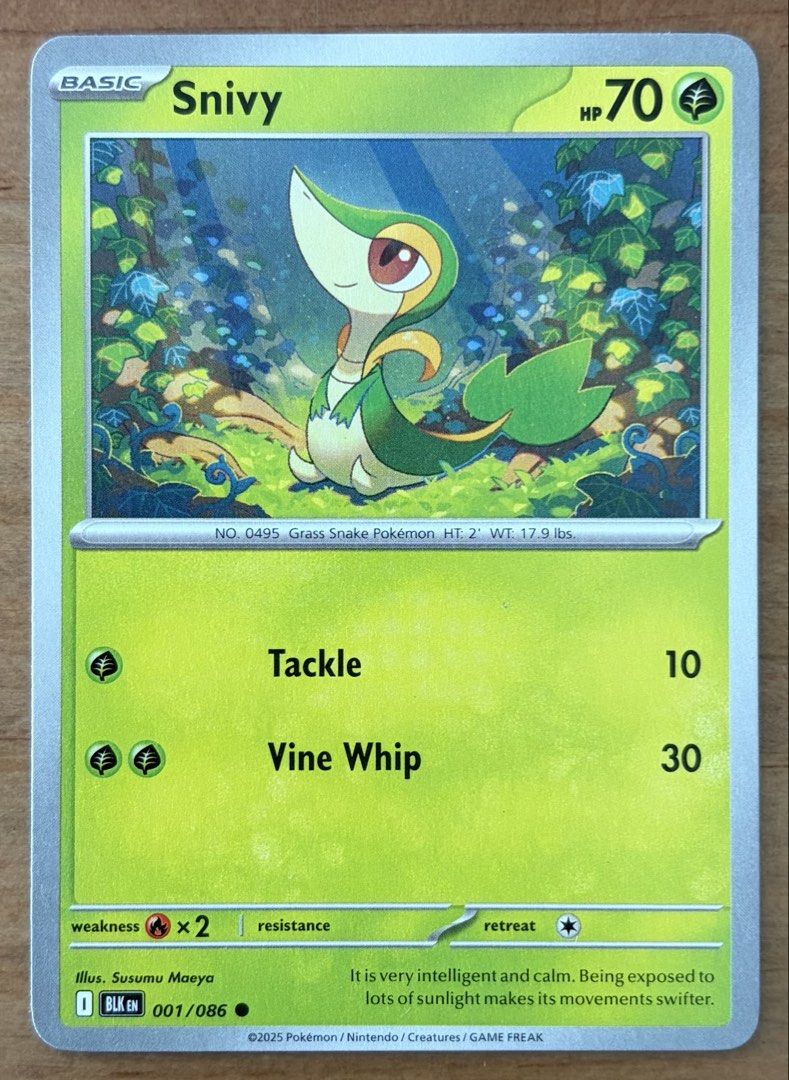 Snivy | Pokemon Cards ~ Black Bolt (Category: Raw Singles) located in Makati City. Submitted by cardlab (Listing ID 1466175090, Image 1). Description: Items are 💯 authentic/original/legit. About The Card: •Language: EN • Number: 001/086 • Common • Normal FOR: • Cards ₱99 and below with Card Sleeves • Cards ₱100 and up with Card Sleeves and Used Toploader • ₱10 for Bnew Tops Packaging (If Shipping): ✔️ Plastic cover ✔️ Cardboard ✔️ Bubble wrap NO