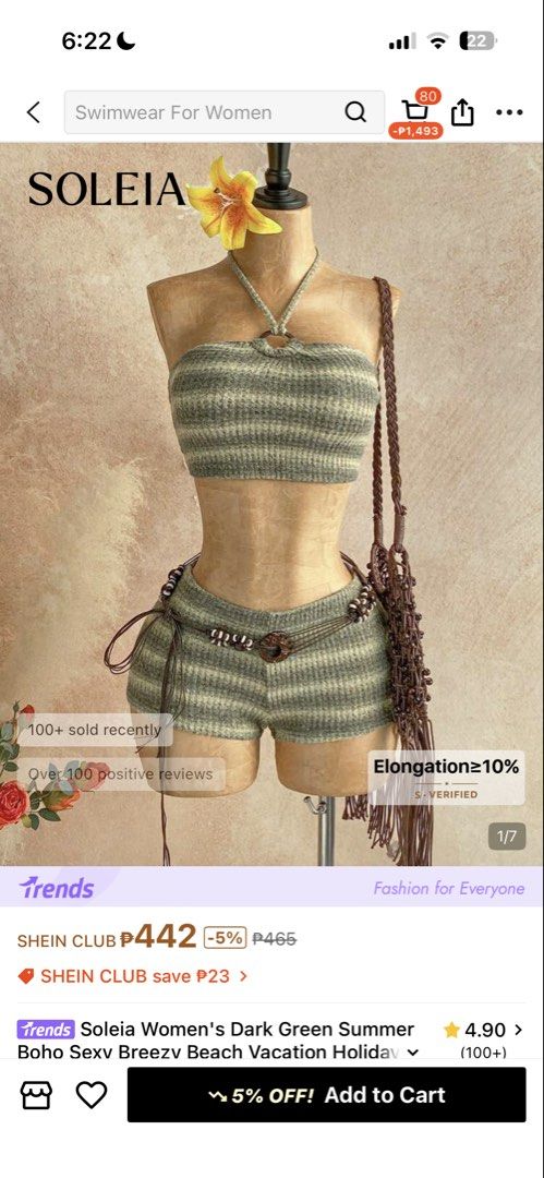 Soleia Dark Green Boho Summer Vacation Two-Piece Set (Category: Sets or Coordinates) located in Manila. Submitted by moniqueva (Listing ID 1466252742, Image 1). Description: - Brand: Soleia - Color/Pattern: Dark green striped - Set includes: Tube top with halter neck strap and matching shorts - Material: Comfortable, stretchy cotton blend knit - Extras: Thin braided belt with wooden buckle detail included - Ideal for: Beach trips and summer getaw