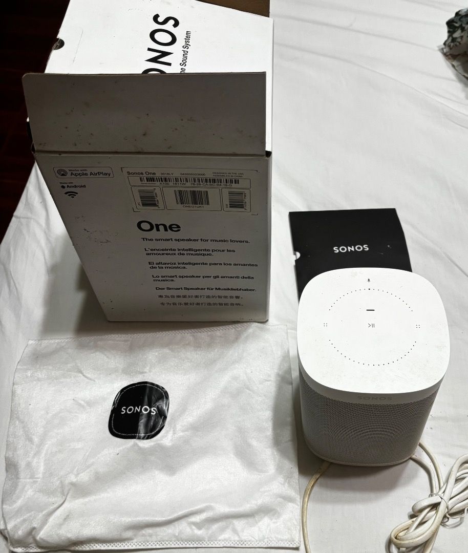 Sonos One Smart Speaker with box and Sonos cloth (Category: Soundbars, Speakers & Amplifiers) located in Caloocan City. Submitted by crateandbarrel (Listing ID 1466322354, Image 1). Description: white Sonos One smart speaker original retail box, power cable, and branded protective packaging. - Item: Sonos One Smart Speaker (White) - Condition: Excellent working condition, clean unit, powers up with no issues - Inclusions: Power cable, original bo