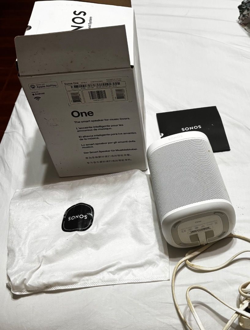 Sonos One Smart Speaker with box and Sonos cloth (Category: Soundbars, Speakers & Amplifiers) located in Caloocan City. Submitted by crateandbarrel (Listing ID 1466322354, Image 2). Description: white Sonos One smart speaker original retail box, power cable, and branded protective packaging. - Item: Sonos One Smart Speaker (White) - Condition: Excellent working condition, clean unit, powers up with no issues - Inclusions: Power cable, original bo
