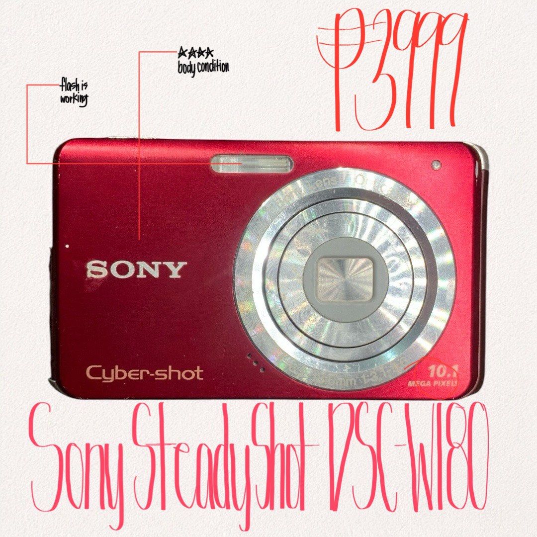 SONY STEADYSHOT DSC-W180 (Category: Cameras) located in Quezon City. Submitted by _cyberplug (Listing ID 1466293499, Image 1). Description: SONY STEADYSHOT DSC-W180 P3999 ★★★★ Body Condition ISSUE -mild LCD screen noise -focus issue • 10.1 Megapixels Super HAD CCD sensor • 3× optical zoom lens with SteadyShot image stabilization • 9-point autofocus with face detection • Smile Shutter with red-eye reduction & built-in flash • Multiple shooting mod
