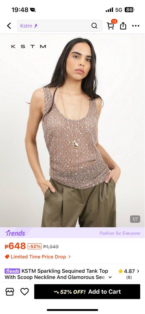 Sparkling Sequined Tank Top (Category: Sleeveless) located in Pasig City. Submitted by kathgracee (Listing ID 1466268485, Image 3). Description: - Brand/Style: KSTM sparkling sequined tank top - Design: Scoop neckline with a glamorous see-through knit style - Detail: Shimmery gold and metallic thread all over - Versatility: Great for parties or evening outings - Styling: Easy to layer with jackets or wear on its own Size M Tried on only .