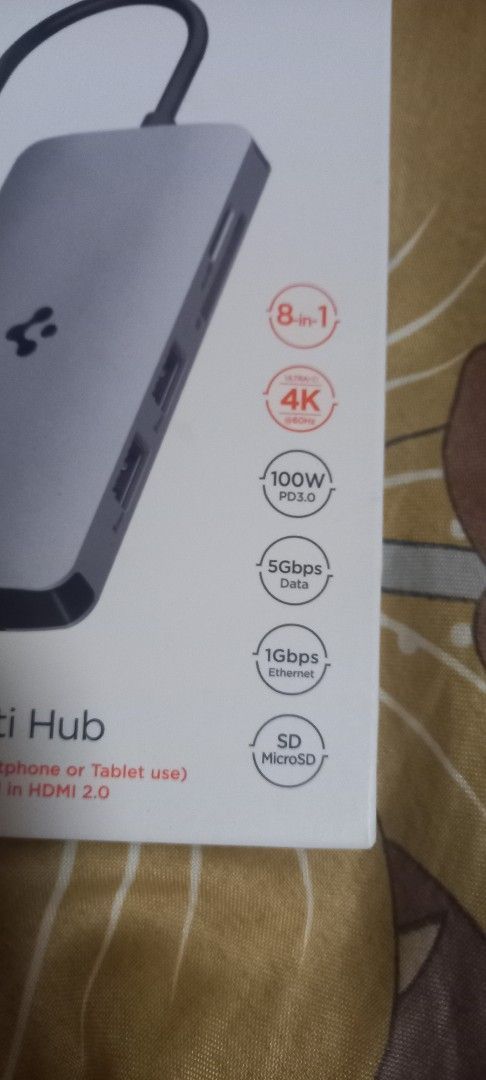 Spigen ArcDock Multi Hub PD2303 8-in-1 Space Gray ORIGINAL (Category: Cables & Adaptors) located in Manila. Submitted by fmpc7878 (Listing ID 1466330764, Image 2). Description: Spigen ArcDock multi hub, 8-in-1 design in space gray. Model PD2303. Supports 4K at 60Hz, 100W PD 3.0, 5Gbps data, 1Gbps ethernet, plus SD and MicroSD slots. Box included. NEW, UNUSED.