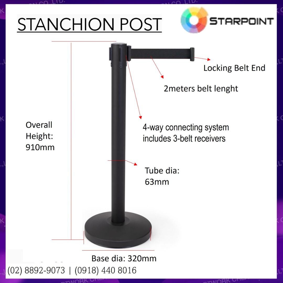 Stanchion Post Retractable Belt Queue Barrier (Category: Office Furniture & Fixtures) located in Caloocan City. Submitted by jcs_ra_892 (Listing ID 1466160564, Image 2). Description: - Brand/Model: Starpoint Retractable Belt Stanchion Post in sleek black - Dimensions: 910mm overall height, 63mm tube diameter, 320mm base diameter - Belt: 2-meter length with a secure locking belt end - Versatile Connection: 4-way connecting system featuring 3 belt 