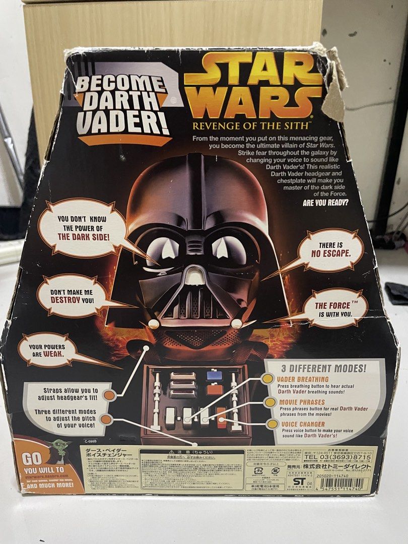 Star Wars Darth Vader Voice Changer Helmet (Category: Western Merchandise) located in Agdangan. Submitted by kuradekawaii_06 (Listing ID 1466250969, Image 3). Description: - Official Star Wars Darth Vader voice changer helmet from Revenge of the Sith - 3 fun modes: iconic breathing sounds, classic movie phrases, and live voice modulation - Fully adjustable headgear straps designed to fit ages 5 through adult - Sleek black helmet complete with mol