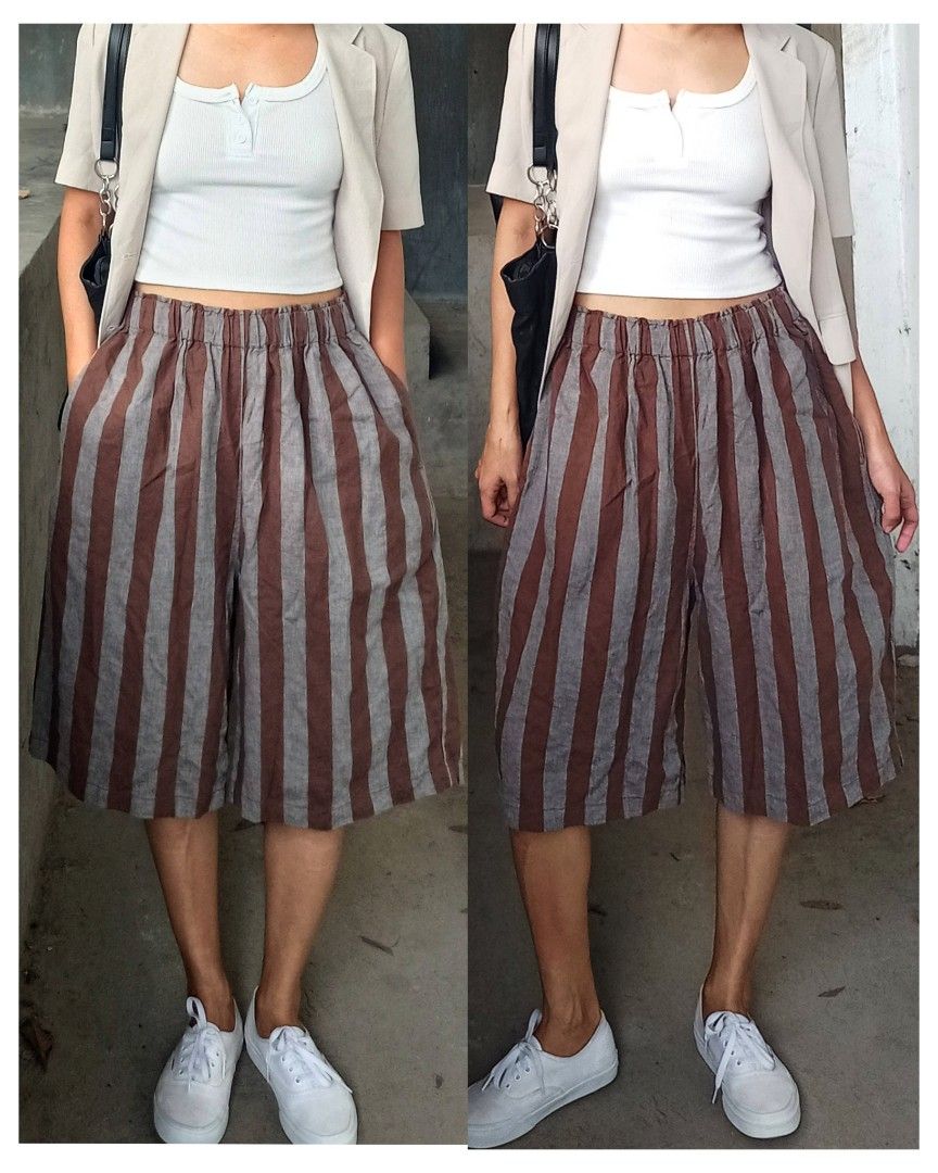 Stripe trend cotton short (Category: Shorts) located in Davao. Submitted by kannikasok1987 (Listing ID 1466161335, Image 1). Description: Wd side pocket Waist 30-38 ( garterize) Hips 46 L 25 good as new.